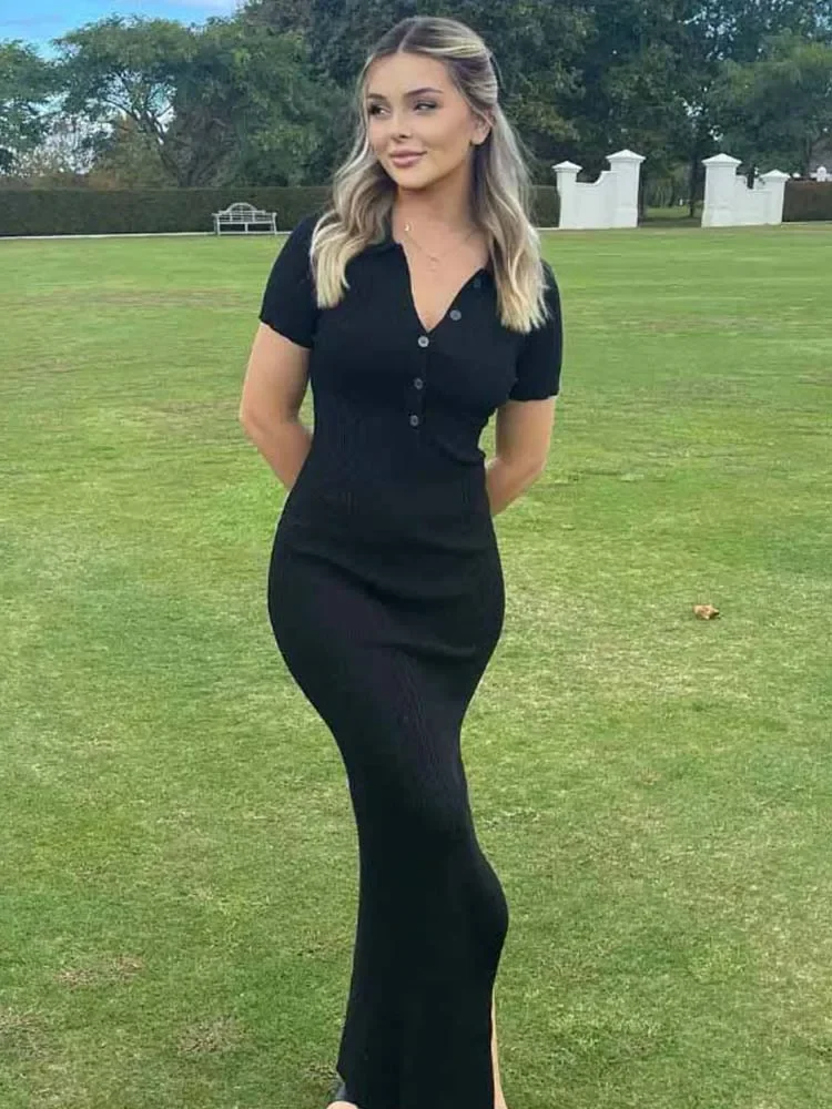 Elegant Office Lady Long Dresses Women Solid Fashion Lapel Short Sleeve Button Side Slit T-shirt Dress Body-Shaping Street Robe