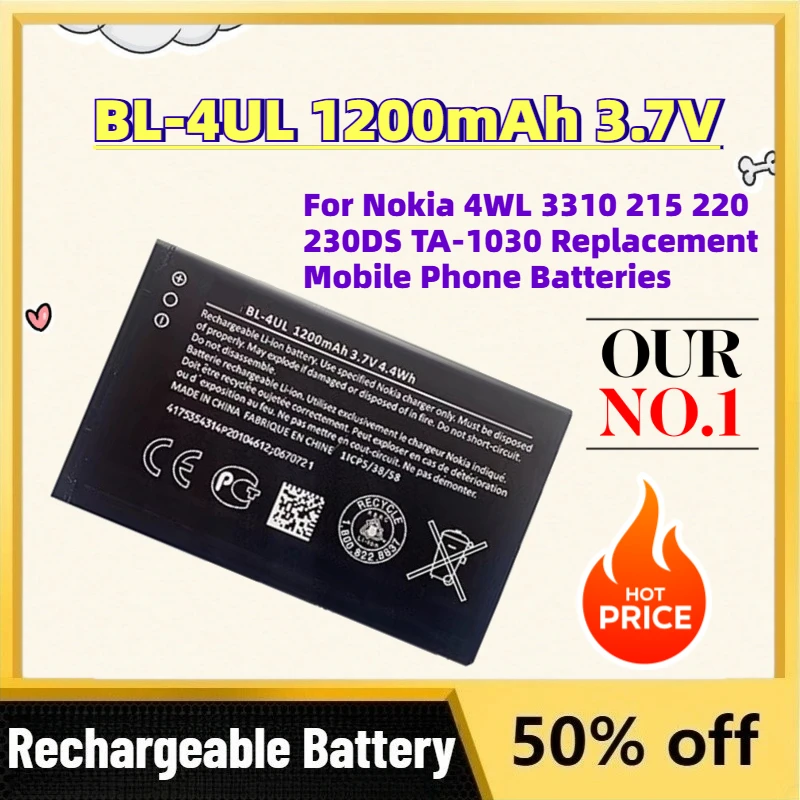 

Fast Shipping BL-4UL 1200mAh 3.7V Li-ion Battery for Nokia 4WL 3310 215 220 230DS TA-1030 Replacement Mobile Phone Batteries