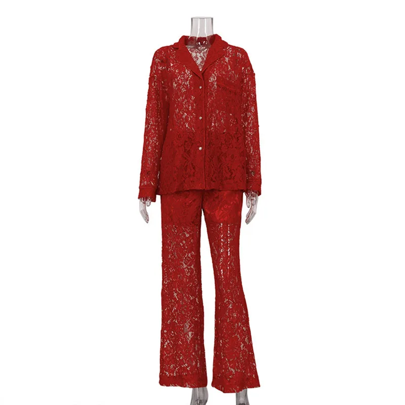 2024 Autumn and Winter New Lace See-through Two-piece Set Feminine Hot Girl Fashion Lapel Shirt Pants Suit