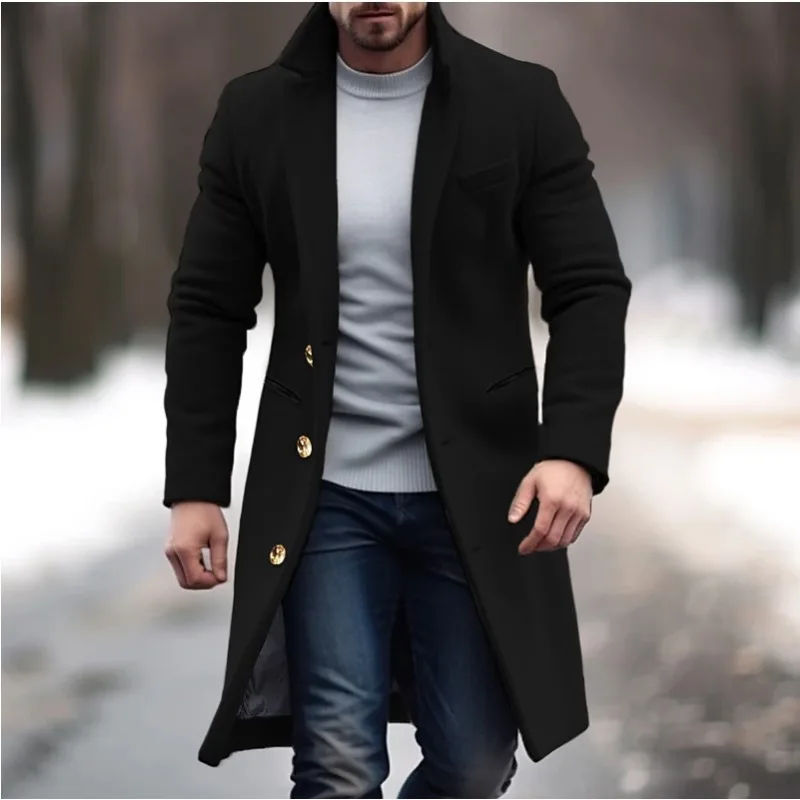 Luxury Tweed Coat Men Overcoat Mid-length Windbreaker Single-breasted Slim Lapel Jacket Men Clothing Trench Coat Spring Autumn