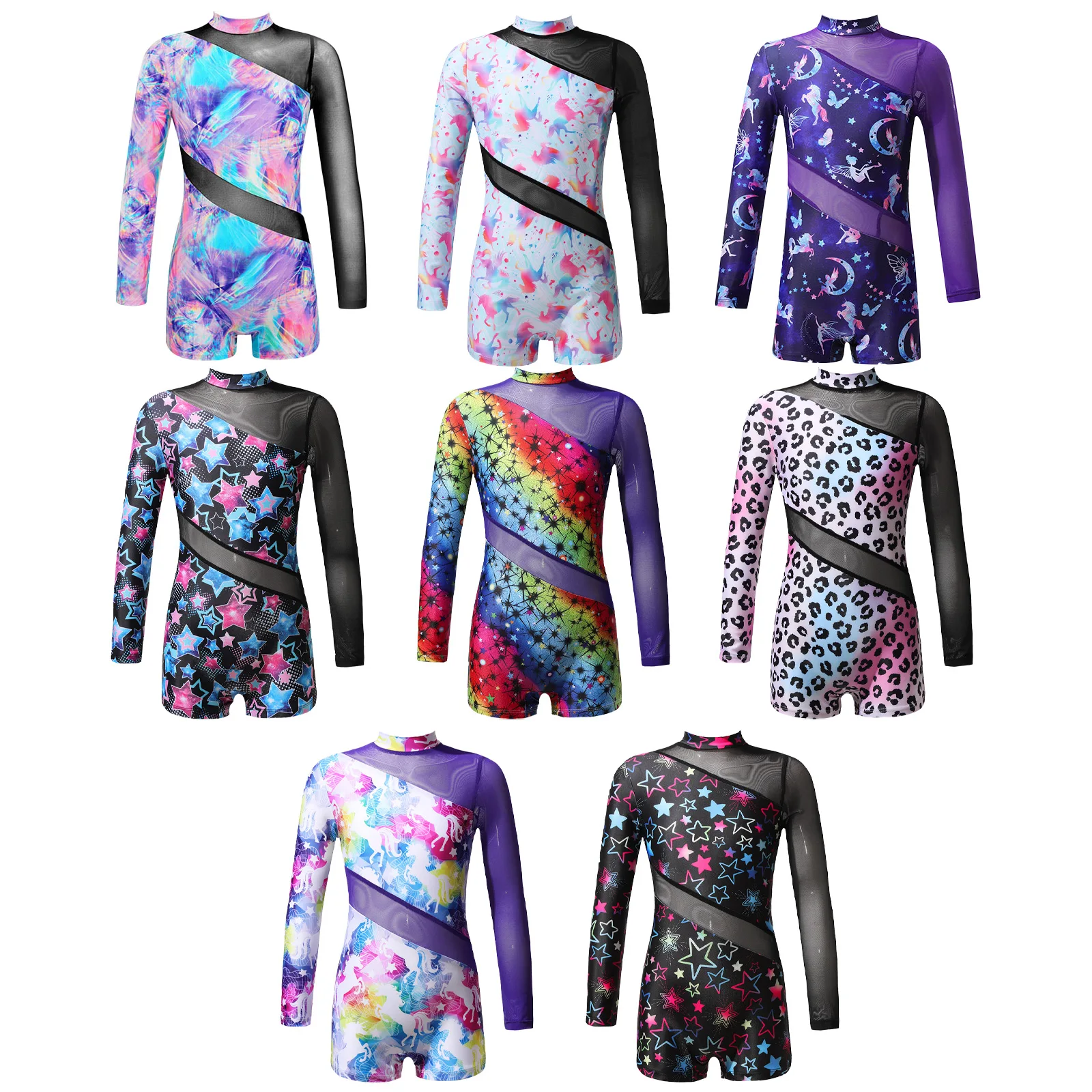 Kids Girls Ballet Gymnastics Leotard Workout Bodysuit Long Sleeve Mesh Patchwork Sports Dance Jumpsuit Figure Skating Costume