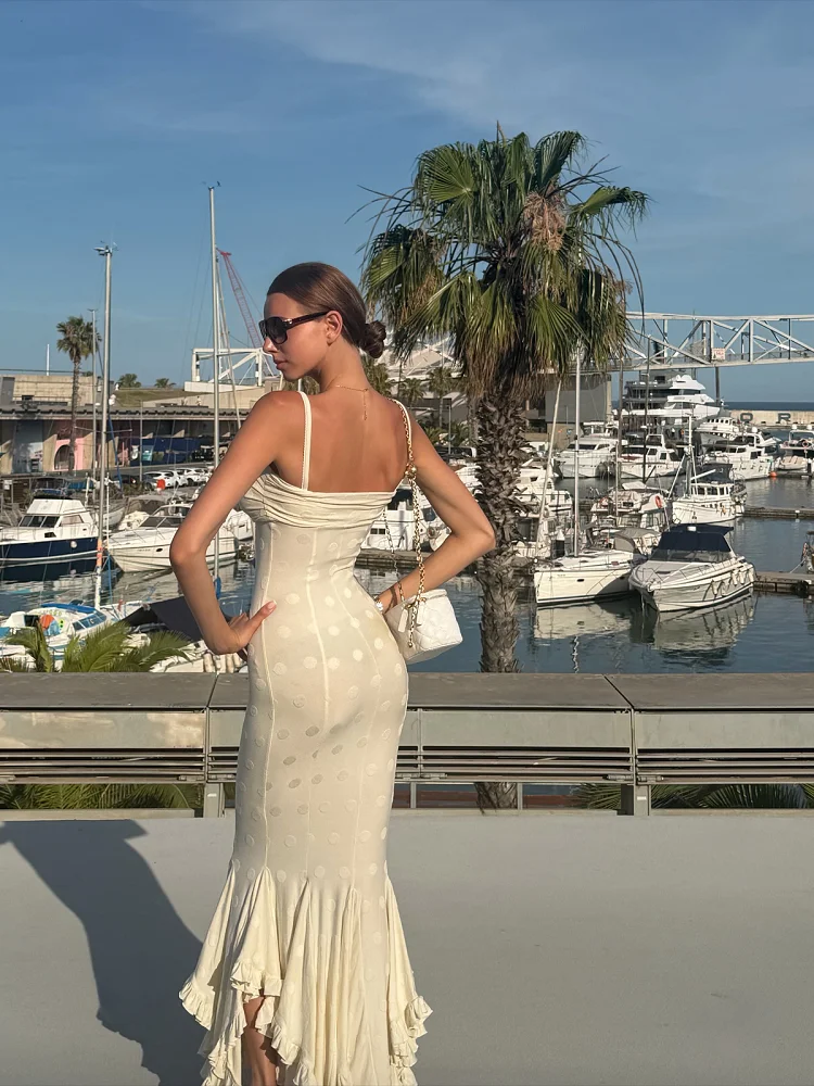 Ivory Polka Dot Maxi Dress Women Spaghetti Straps Sweetheart Bust Open Back Mermaid Flounce Hem Frock Date Wedding Guest Dresses