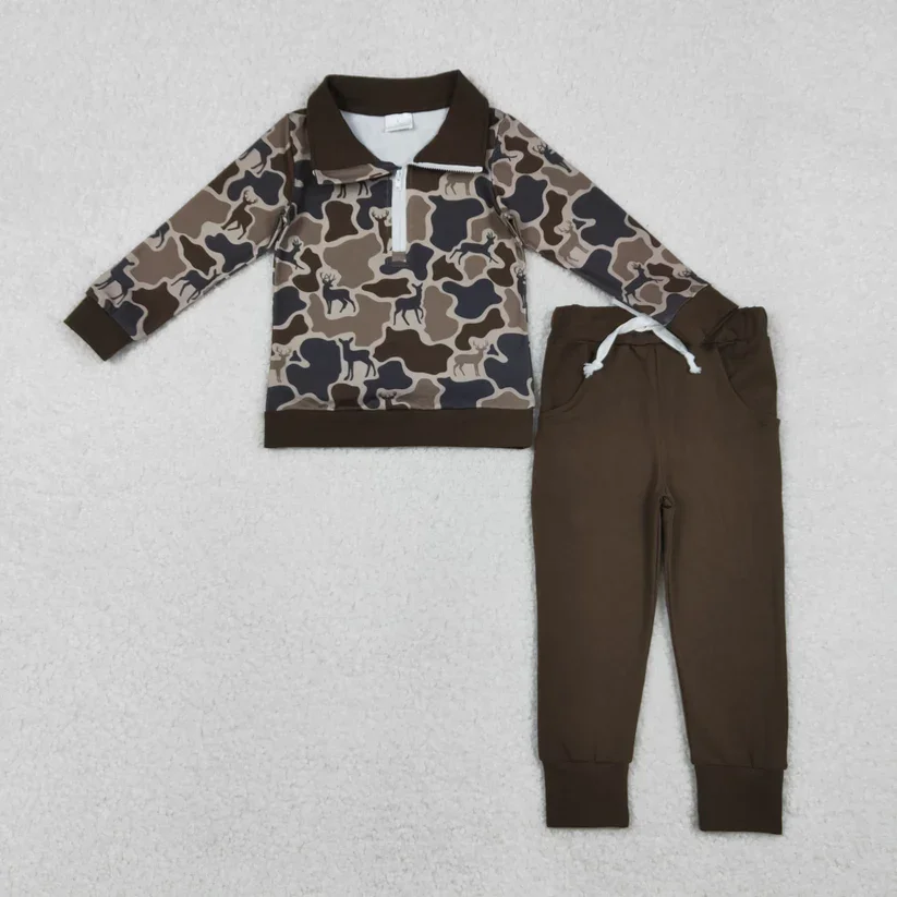 

Hunting Clothes Sets Kids Children Boys Boutique Outfits RTS Baby Boys Clothes Deer Camo Zipper Pullovers Pockets Jogger