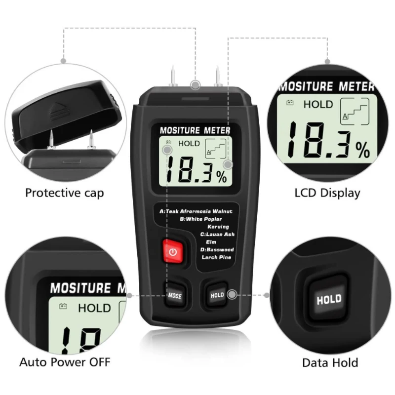 EMT01 Two Pins Digital Wood Moisture Meter 0-99.9% Wood Humidity Tester Timber Damp Detector with Large LCD Display