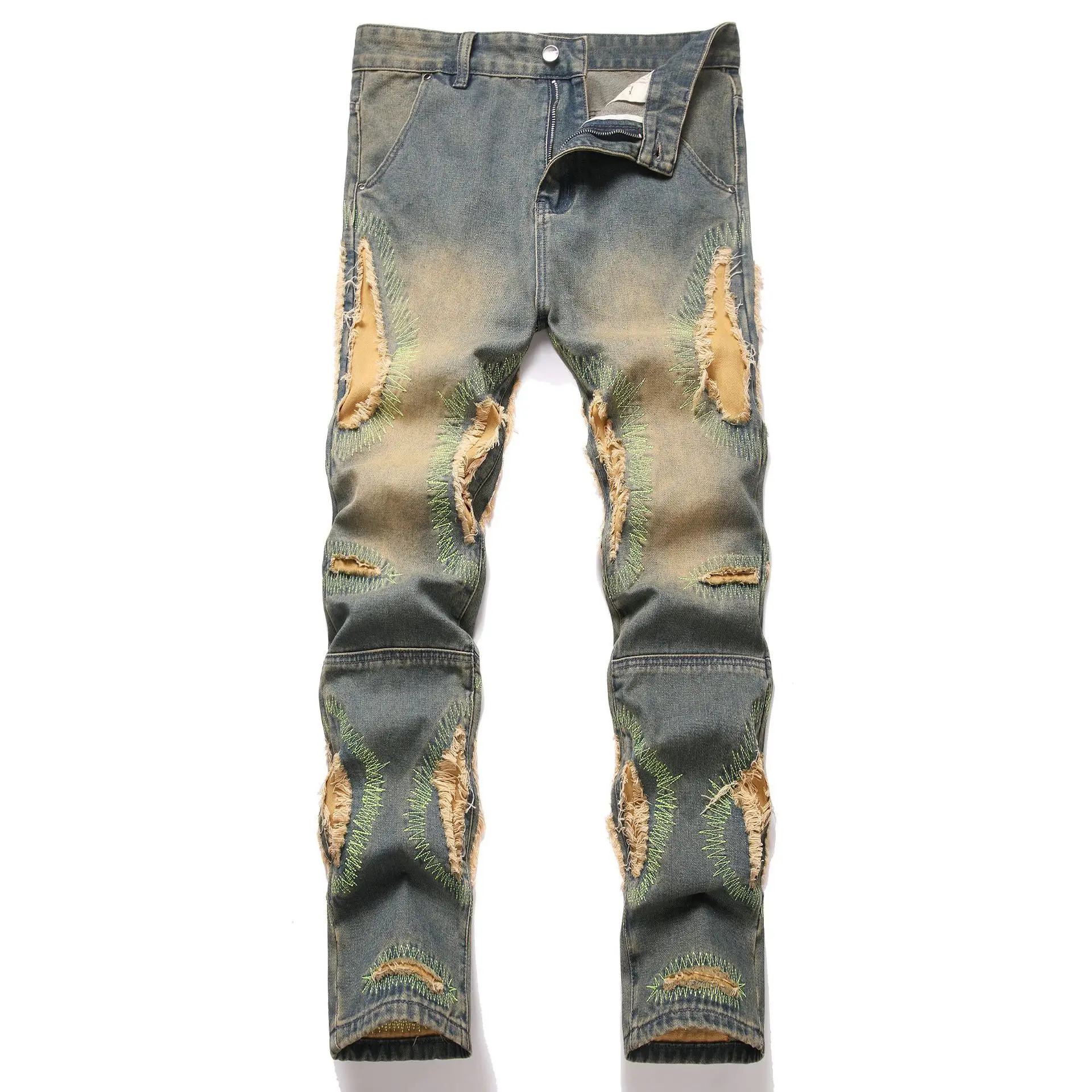 

Men's High Street Vintage Destroyed Jeans Pants Fashion Streetwear Ripped Denim Trousers Washed Retro Jeans With Patchworks