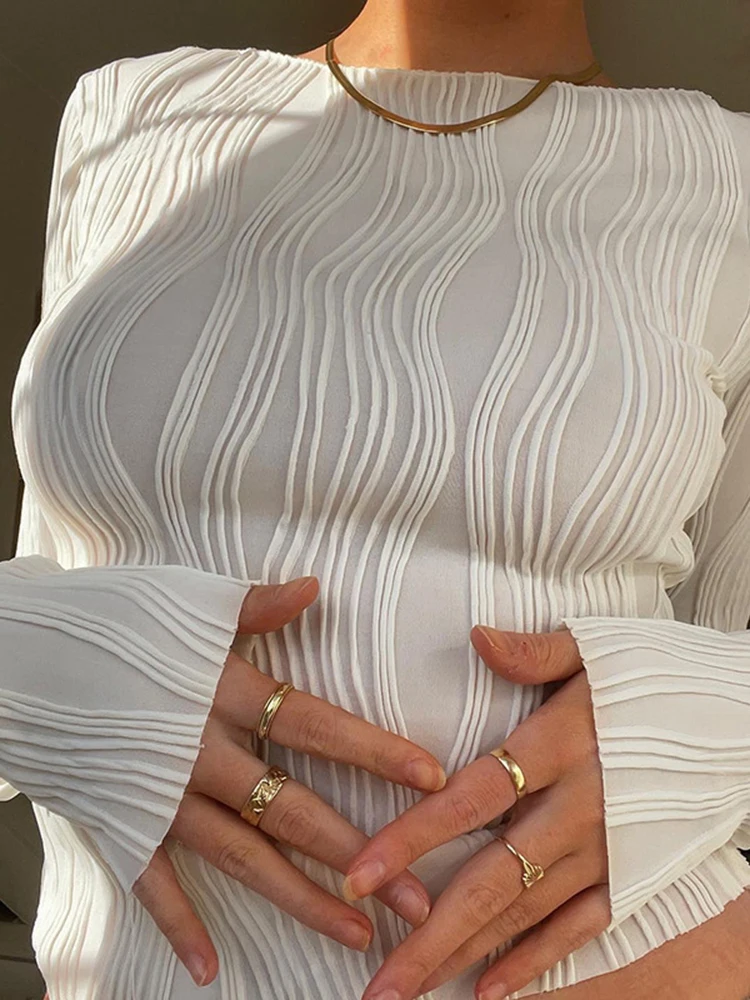 Cryptographic 2025 Autumn Ruched Long Sleeve Elegant White Tops for Women T-Shirts Tees Cropped Basic Skinny Streetwear Clothes