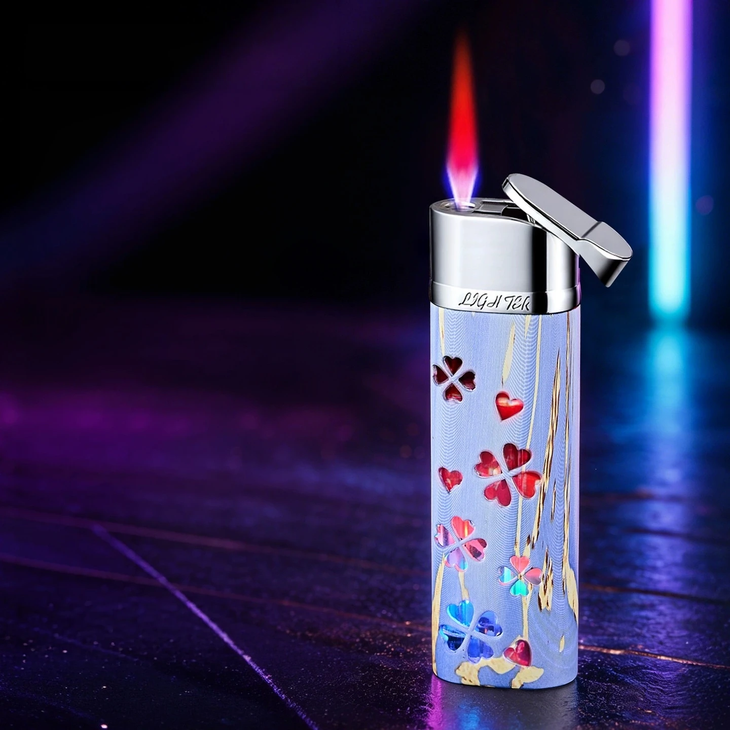 Hollow transparent seven color sparkling inflatable windproof lighter, outdoor portable straight forward lighter, men's gift