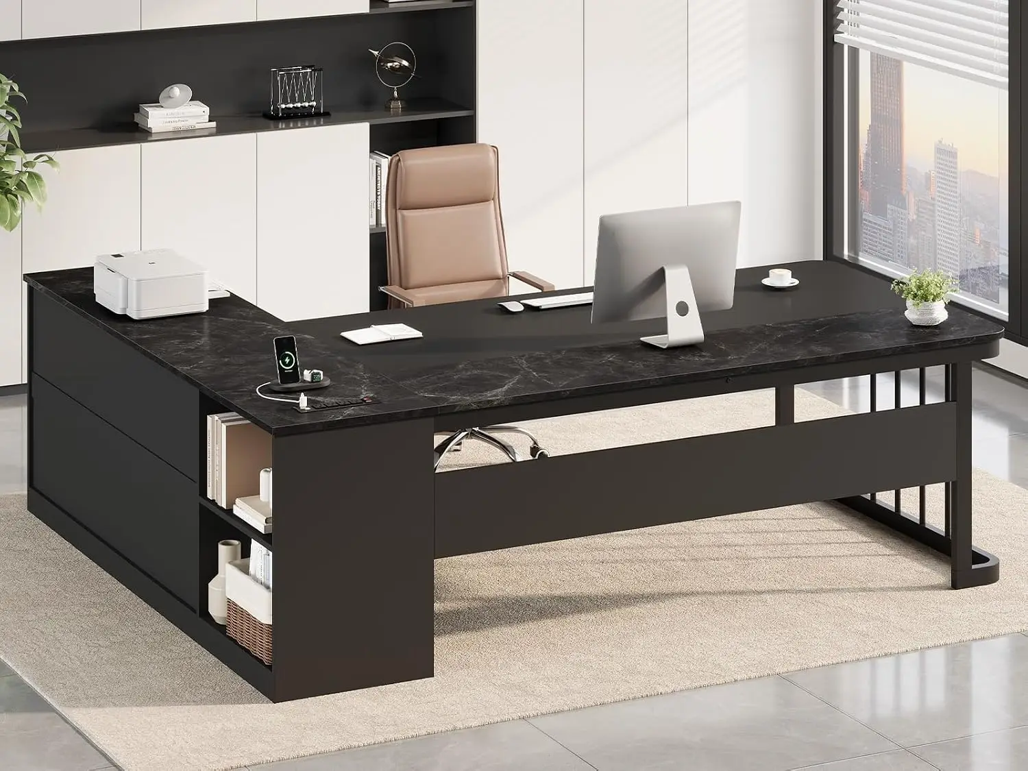 Large Office Desk With Drawers, L Shaped Corner Desk With Power Outlets & File Cabinet, Workstation, Customized