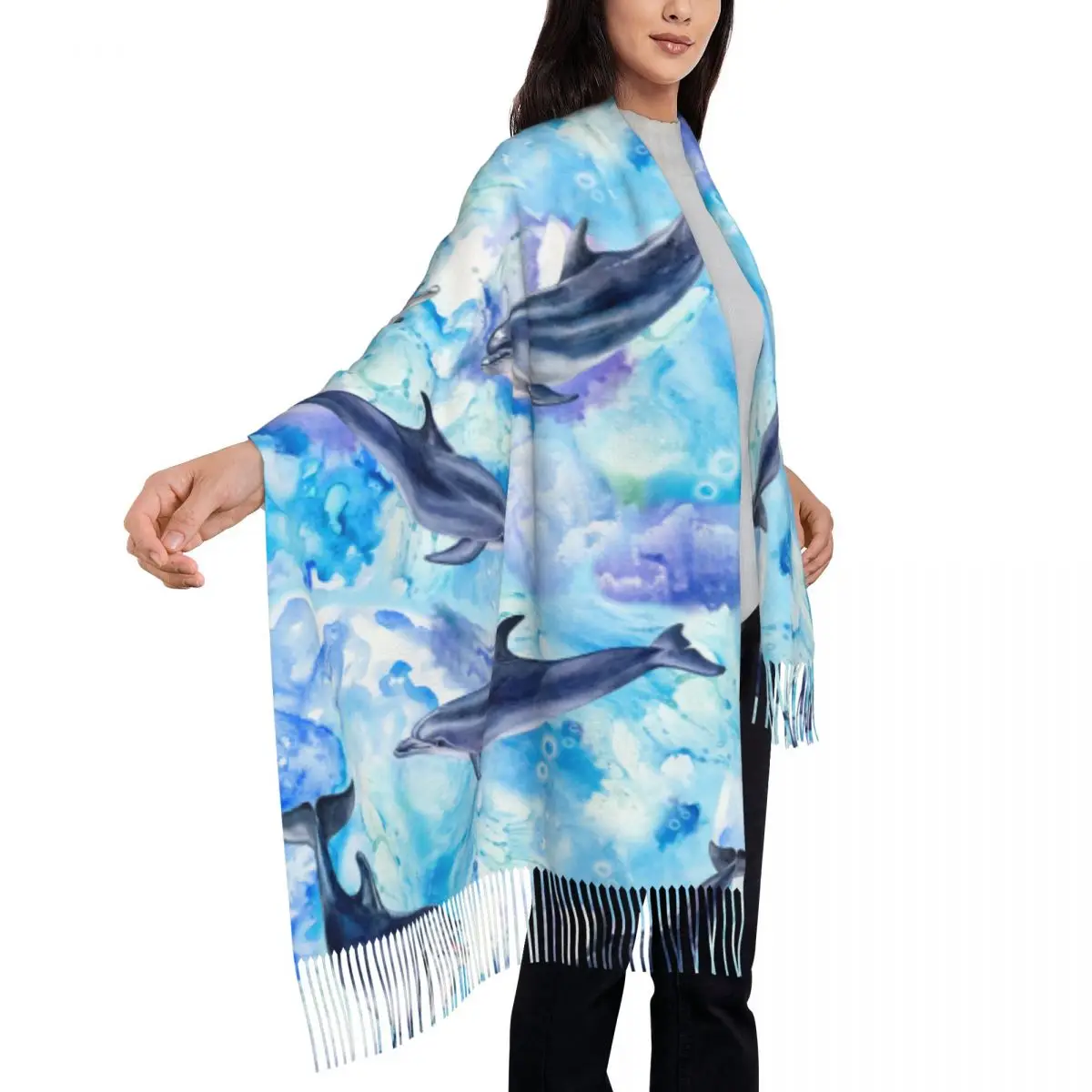 Watercolor Sea Blue Dolphins Women's Tassel Shawl Scarf Fashion Scarf