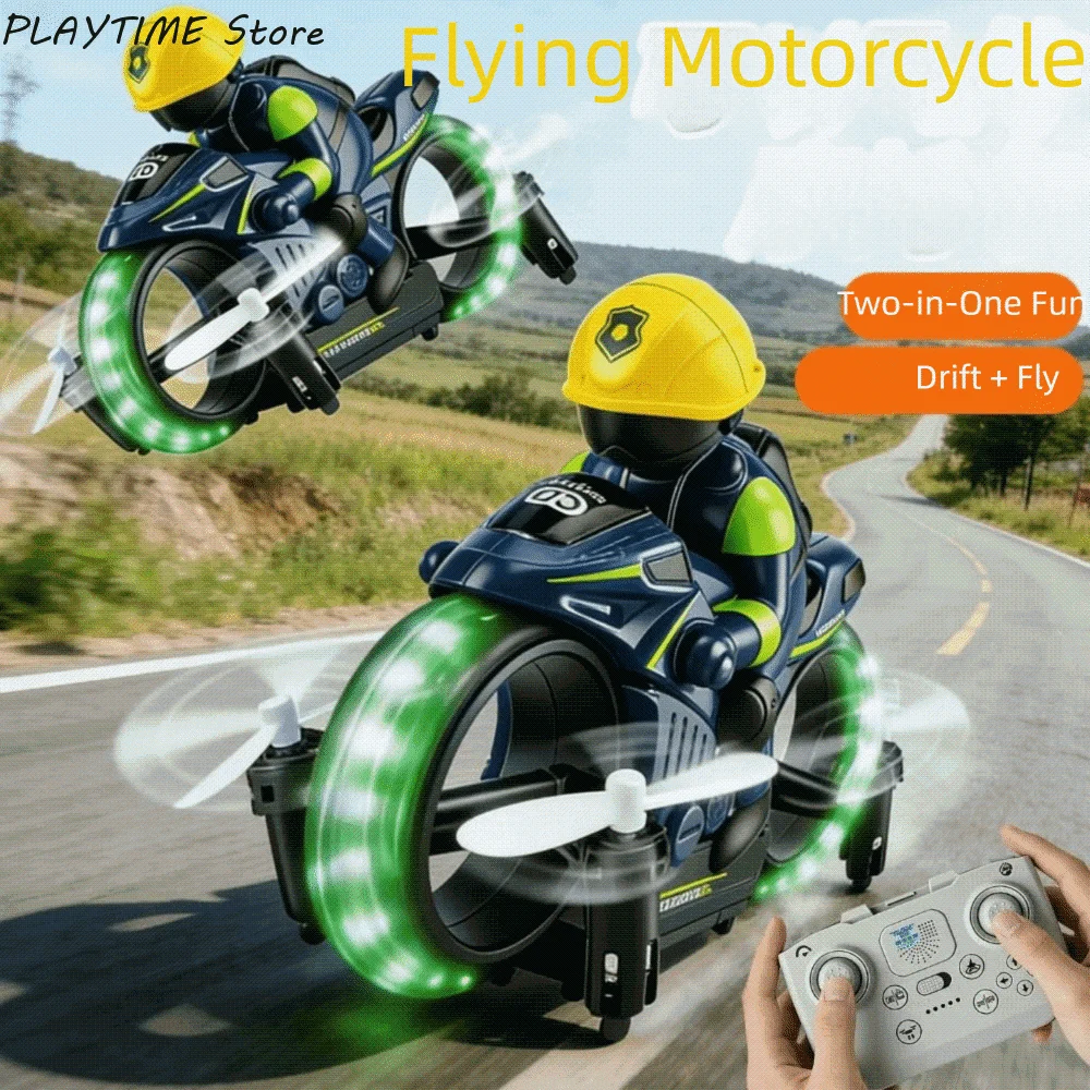2IN1 Rc Car and Rc Land and Air Dual-use Flying Motorcycle 2.4G Remote Control Stunt Drift with Gyro and Night Light Toys