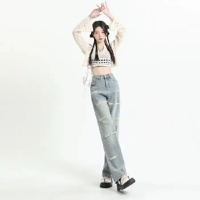 Summer Sunscreen Chiffon Shirt Blouse Strap Embroidered Jeans Three Piece Elegant Women's Pants Set Sports Outfits