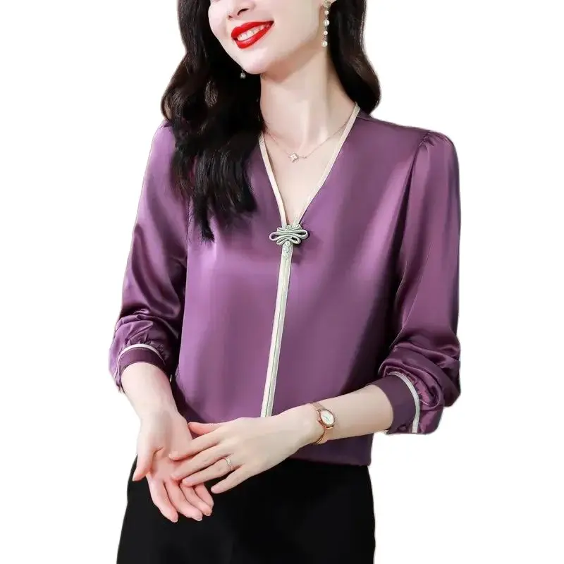 Spring Summer Short Silk Shirt Women 2024 New Loose V-Neck Pure Colour Pullover Shirts Fashion Pearl Buckle Blouse Top Female