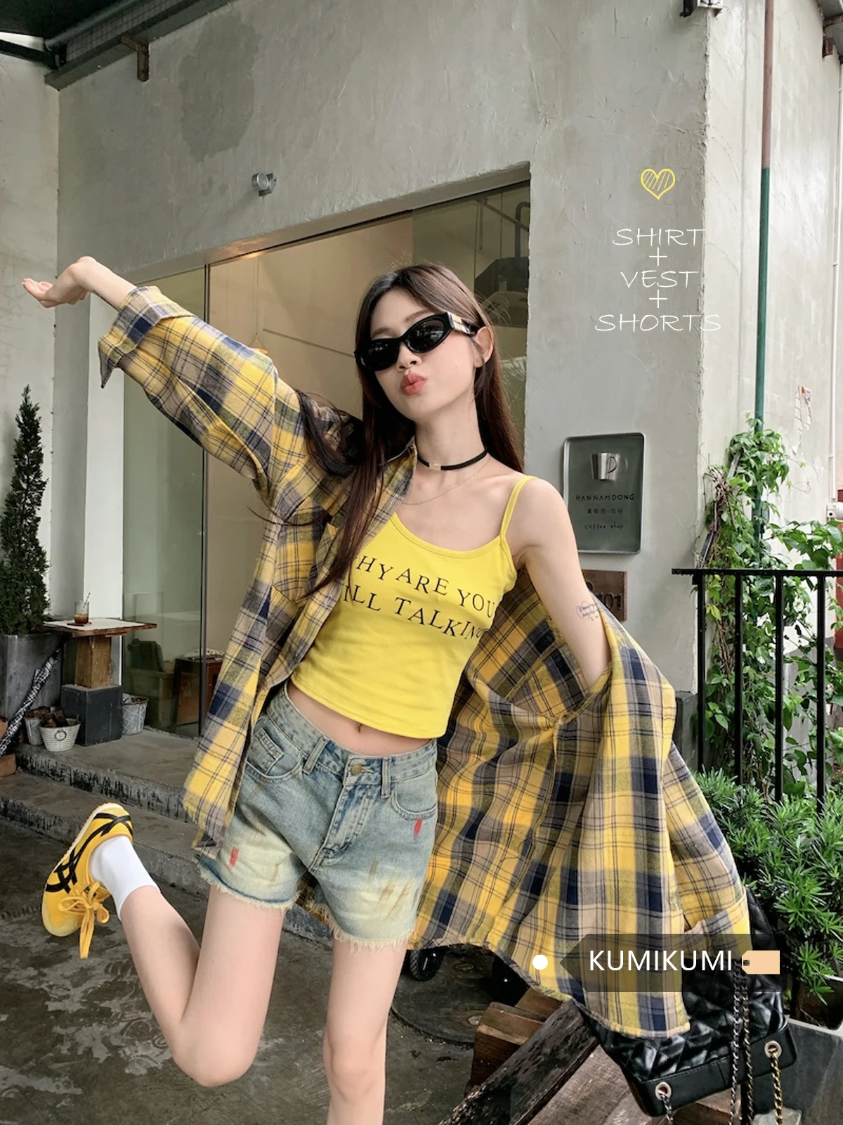 

Гонконг Sle Plaid irt Укороченный топ с буквенным принтом Denim orts Женский летний комплект Faion Повседневный длинный костюм-двойка Sve