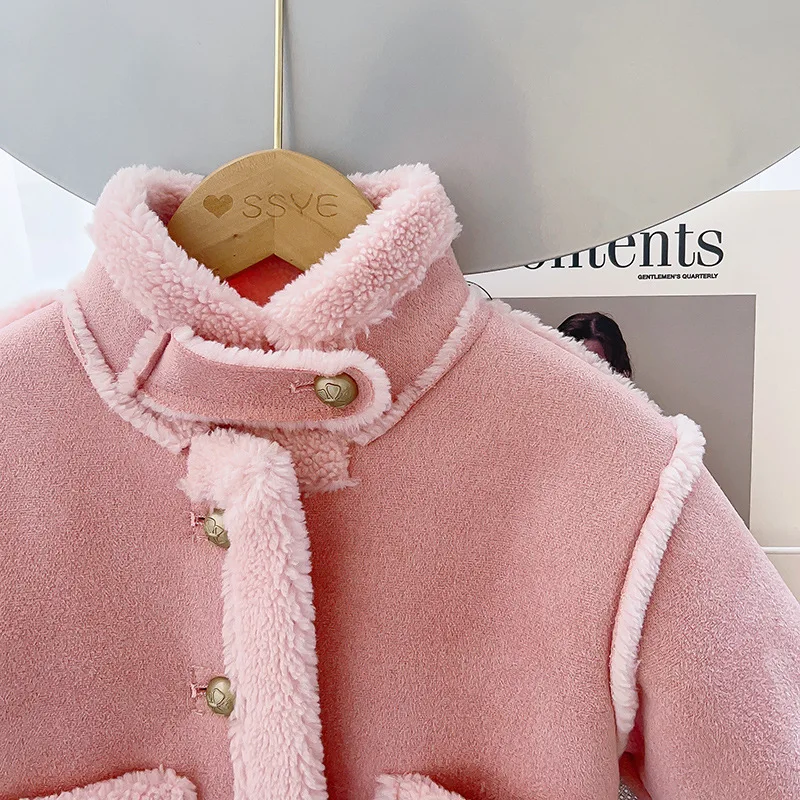 2024 Winter New Girls Jacket Solid Color Lamb Wool Lining Thick Keep Warm Lapel Fashion Coats For 2-8 Years Kids Plush Snowsuit