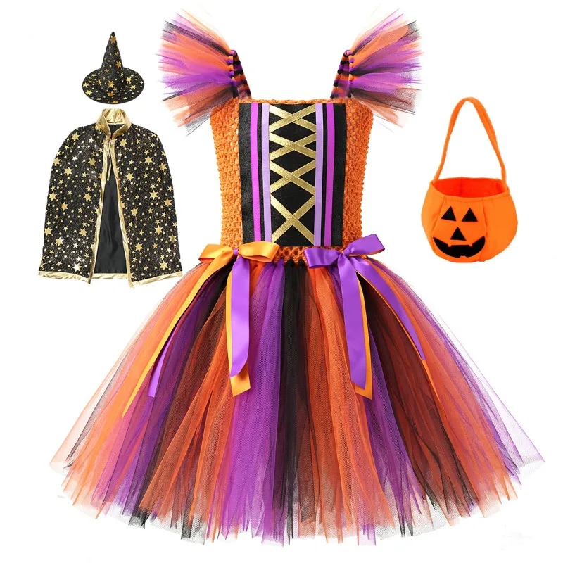 Girls Witch Tulle Tutu Dress,  Halloween Stage Performance Clothes,  Exquisite Kids Stage Dress Set,  Carnival Party Outfit