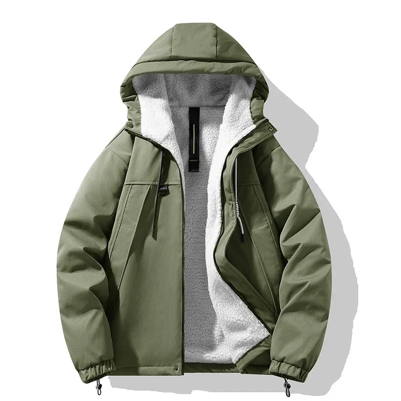 High Quality Solid Color Hooded Plush Jackets Men's 2023 Autumn Winter Loose Fleece Thicken Coat Clothes Outdoor Warm Top Parkas