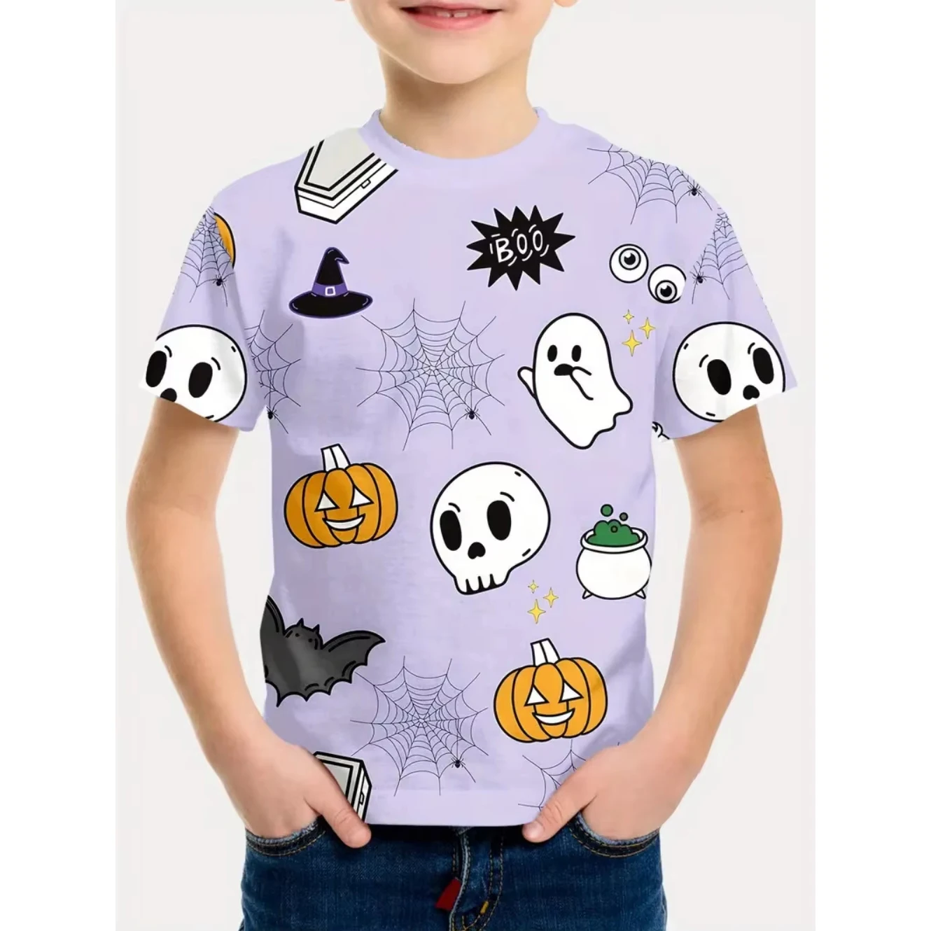 Kids Halloween T-shirt Cute Ghost Pumpkin All Over Print Short Sleeve Tee Boys Girls Cartoon Spooky Fall Holiday Party Children