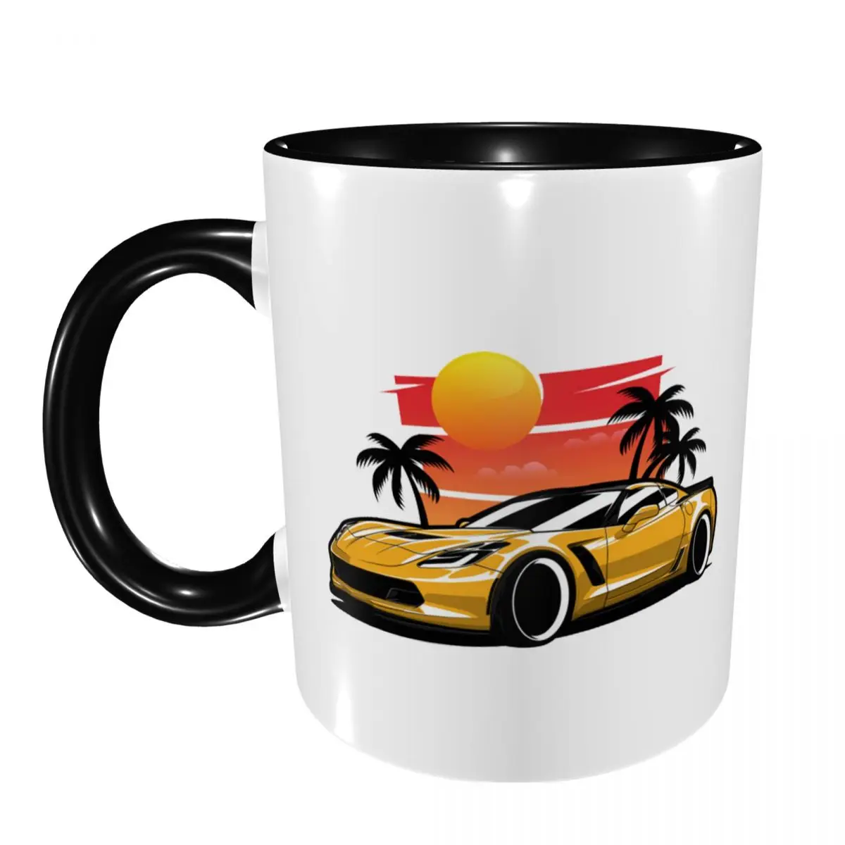 Yellow Corvette Z06 Sunset Palms Mug Funny Ceramic Coffee Cups Tea Mugs Milk Cup Drinkware Gift for Friends