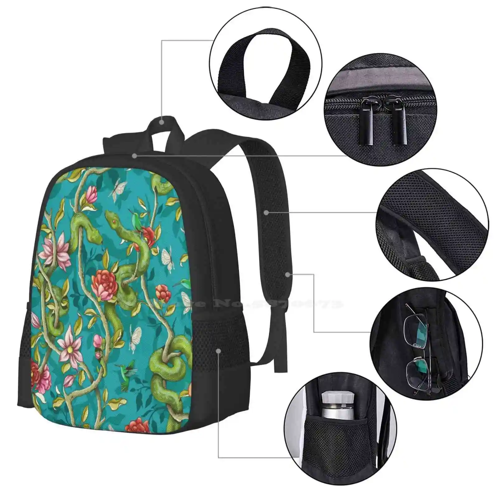 Canção da manhã-Mochila masculina e feminina, balança de cobra para adolescentes, turquesa verde, jardim floral floral, mochila para meninas