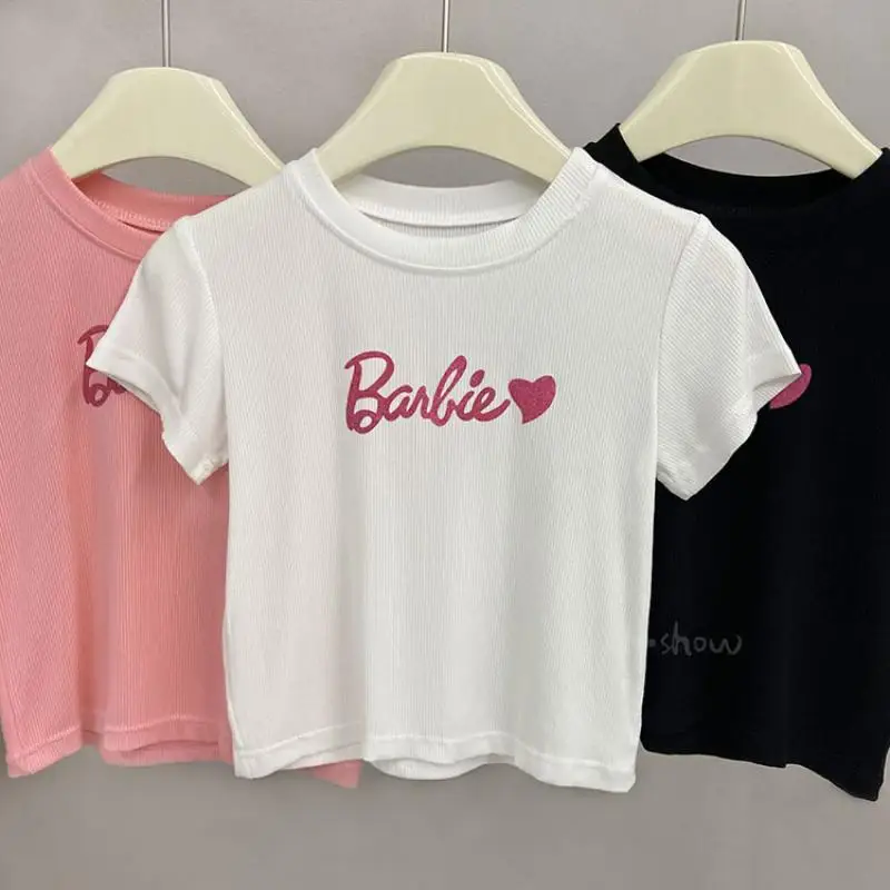 Cute Barbie 2024 New Girl T-Shirt Short Sleeve Fashion Casual Polyester Letter Print Round Neck Cartoon Girl T-Shirt Gift