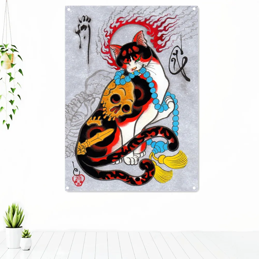 Vintage Samurai Cat Tattoo Banner Flag Japanese Traditional Ukiyo-e Poster Wall Art Bar Cafe Home Decor Tapestry Canvas Painting