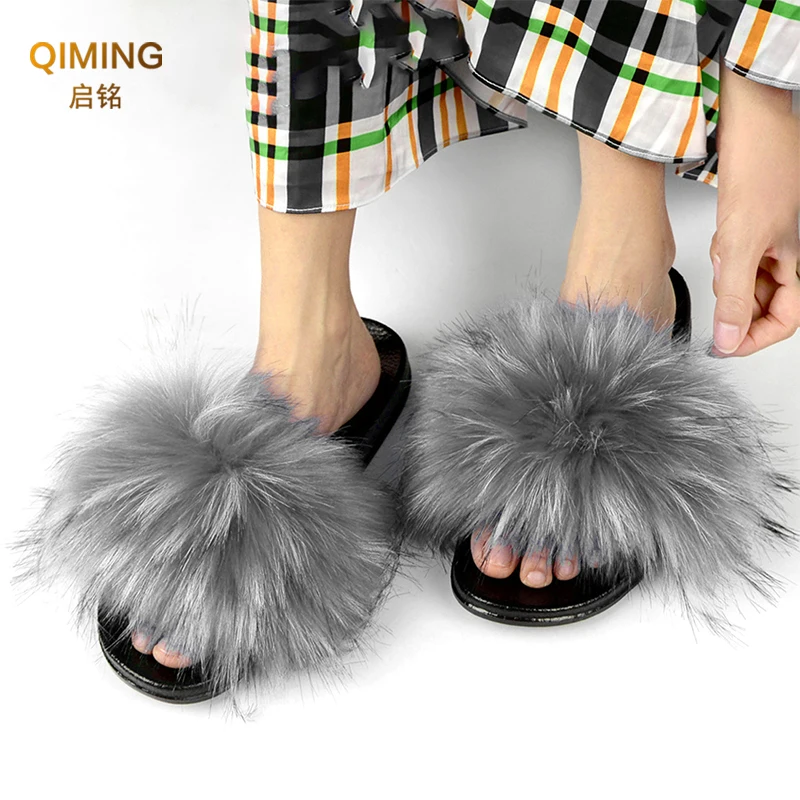 Summer Women Faux Fur Slippers Non-slip Woman Slides Plush Fluffy Outdoor Indoor Flip Flops Ladies Slide Sandals Fuzzy Slipper