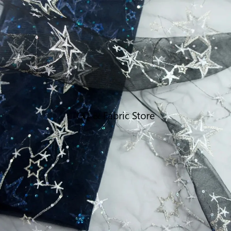 1yard 130cm Wide Quality Mesh Three-dimensional Embroidery Stars Sequined Lace Fabric Diy Nigeria Beach Dress Evening Dress Lace
