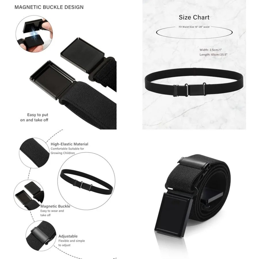 

3 PCS Kids Adjustable Magnetic Belts - Easy to Use Magnetic Buckle Belt for Boys and Girls, from 15’’ - 28’’ waist ( width: 1’’), Black Buckle-3pcs Black