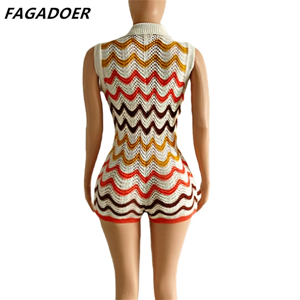 FAGADOER Summer New Stripe Printing Knitting Rompers Women V Neck Button Sleeveless Bodycon Jumpsuits Fashion Slim Overalls 2024