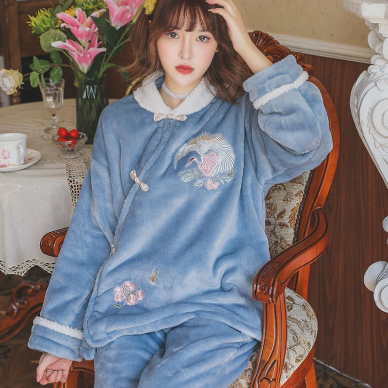 Chinese Style Coral Fleece Pajamas Sets Women Winter Embroidery Homewear Sleepwear Fluffy Plush Warm Cute Pijama Long Nightgown