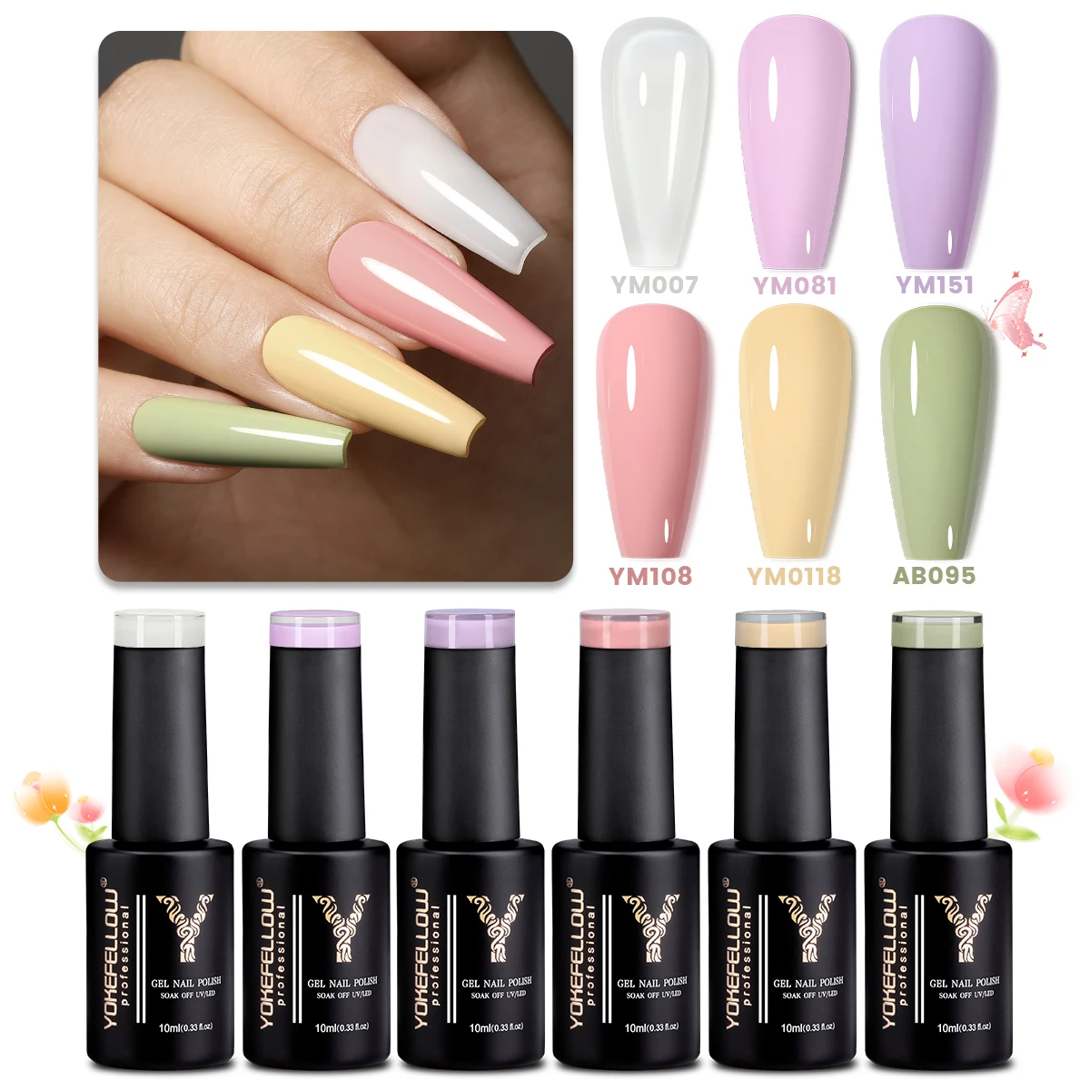 

YOKEFELLOW Набор гель-лаков для ногтей с цветком, 10 мл, весенний цветной гель-лак, новинка 2025 года, макароны, радужные цвета, 6 компл., набор гель-лаков для дизайна ногтей