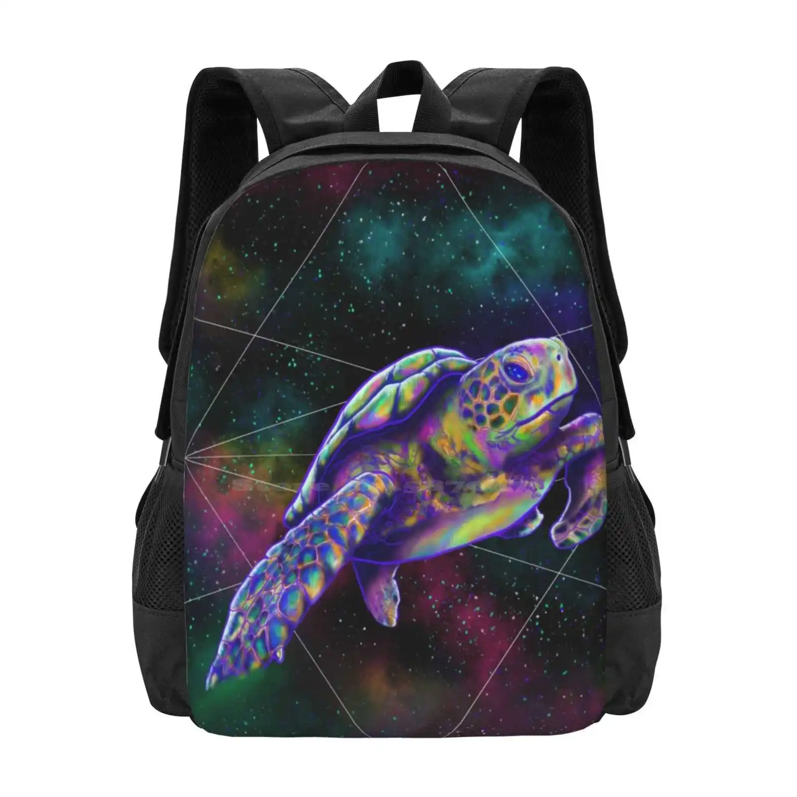 Geometric Space Surfing Turtle Hot Sale Backpack Fashion Bags Seaturtle Digitalillustration Turtleart Spaceart