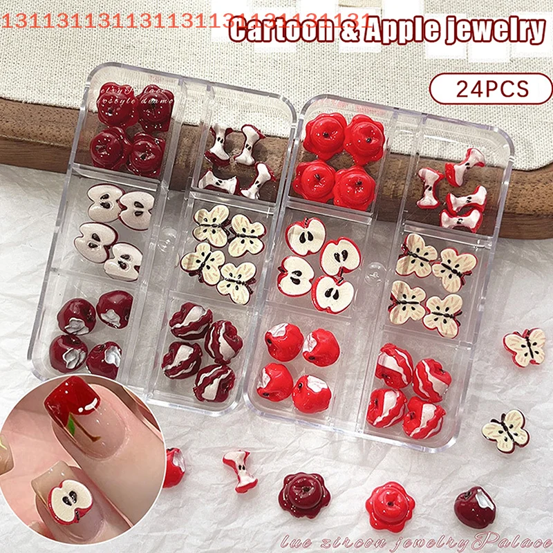 24 szt. Kreatywne ozdoby do paznokci z żywicy w kształcie czerwonych jabłek, płaskie plasterki owoców do samodzielnego zdobienia paznokci, słodkie akcesoria do manicure.