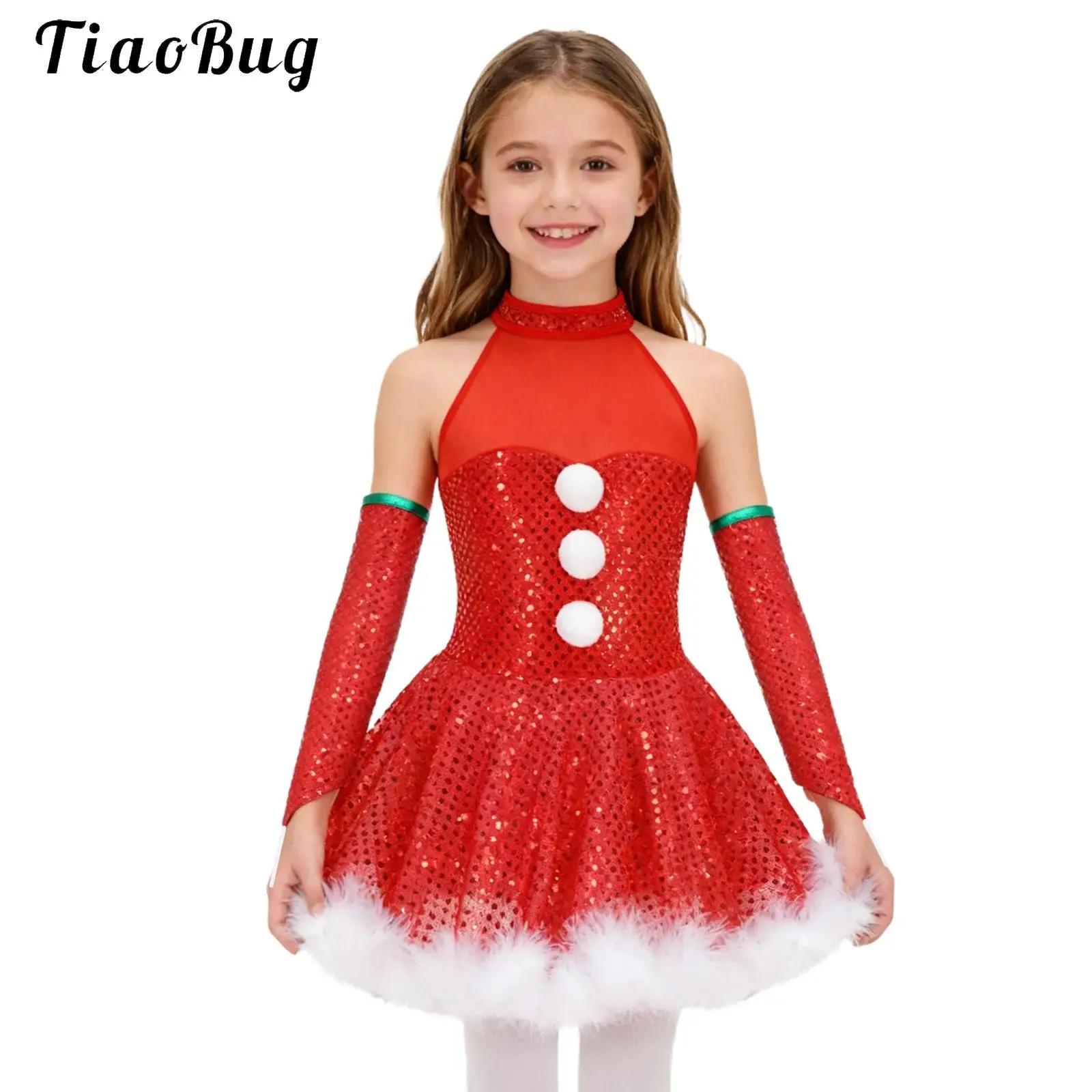 

Girls Halter Sleeveless Sequins Tutu Dress Faux Fur Adorned Leotard Snowman Christmas Dance Outfit Figure Ice Skating Dress Red