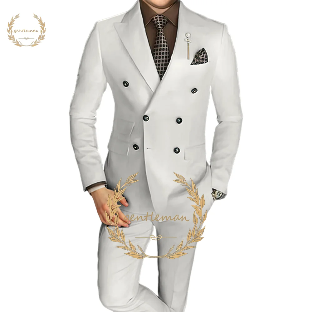 

Men's 2-piece suit, elegant white double-breasted peaked lapels formal occasion wedding groom full set custom jacket pants