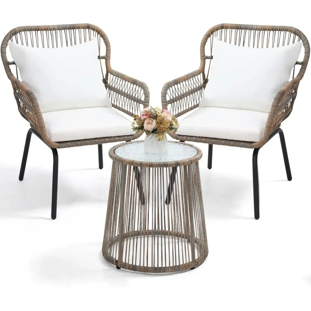 

3 Piece Rattan Wicker Bistro Set, Outdoor Conversation Furniture Set with Glass Top Table, Space Saving