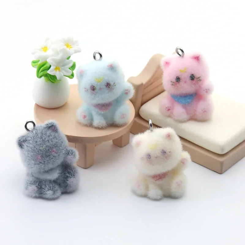 

20 PCS Diy Calling Cat Plush Charms Cute Kitty Flocking Resin Ornaments for Jewelry Earring Keychain Accessories Making