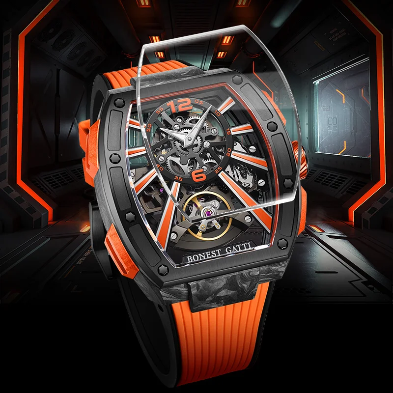 BONEST GATTI New Skeleton Watch Men's Automatic Mechanical Watch Tonneau-Shaped Rubber Strap Sports Style High-Quality Watches