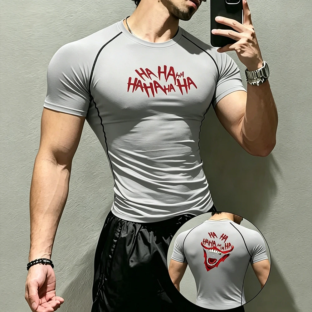 Summer Men's Compression Sports Training T-Shirt Joker Evil Smile Graphic Print Quick Dry Gym Running Workout Short Sleeve Top