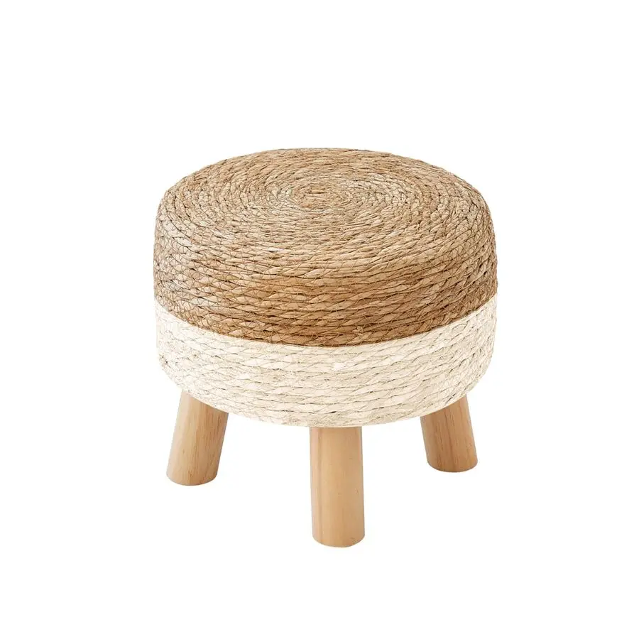 

Round Ottoman, Natural Seagrass Footstool with 4 Wood Legs, Multifunctional Modern Dressing Stool and Sofa Side Table for Bedroo