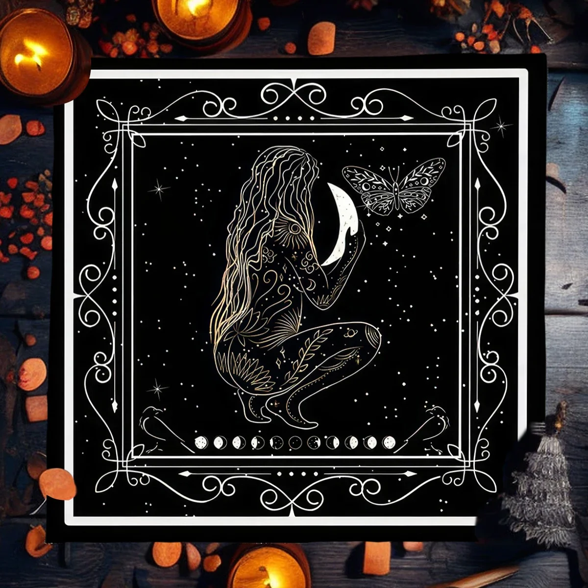 Moon Night Long Hair Woman Tarot Card Tablecloth Altar Cloth Magic Witch Moon Phase Starry Sky Butterfly Tarot Table Cloth