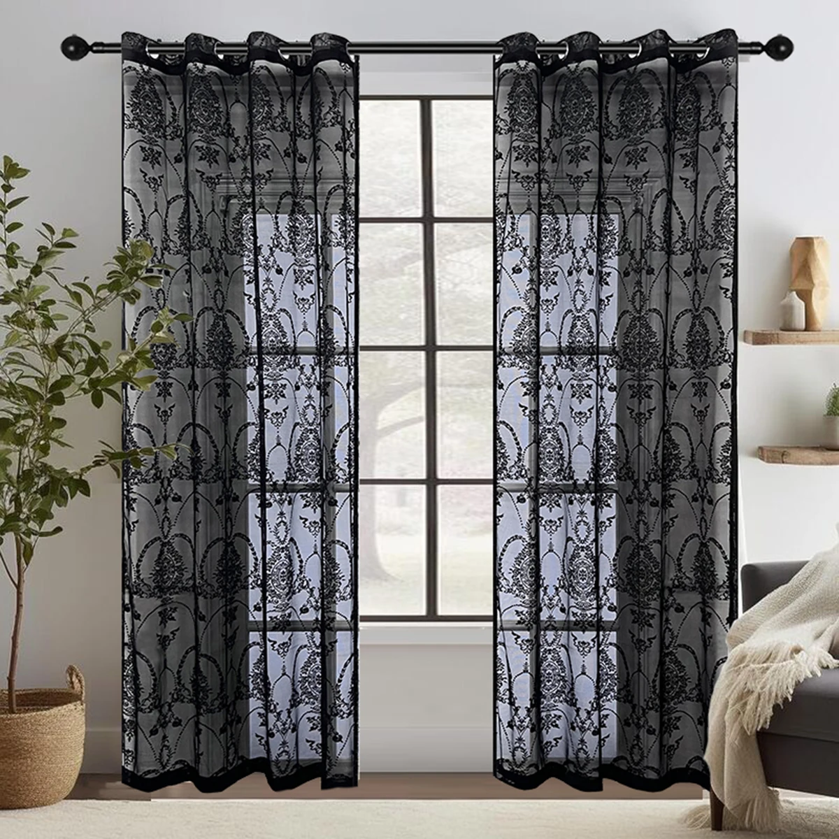 1PC Black Jacquard Lace Tulle Curtains For Living Room,Halloween Black Holiday Bedroom Atmosphere Decoration Sheer Curtains