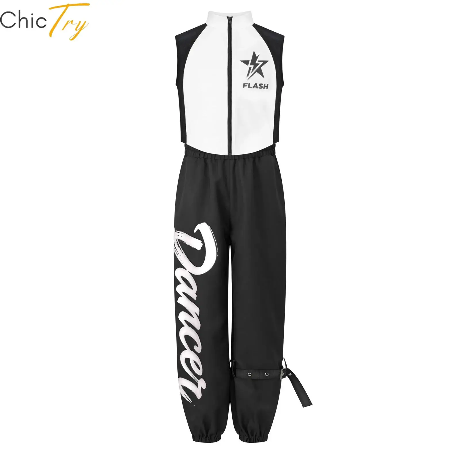 

Kids Girls Hip-Hop Street Modern Dance Performance Costumes Outfit Sleeveless Zipper Crop Top with Letter Print Pants Set