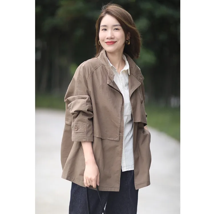 Casual Faion Abnehmen Midi Länge Stehkragen Mantel frauen Kleine Größe Offene Strickjacke Windjacke Oberbekleidung Retro Sle Lange...