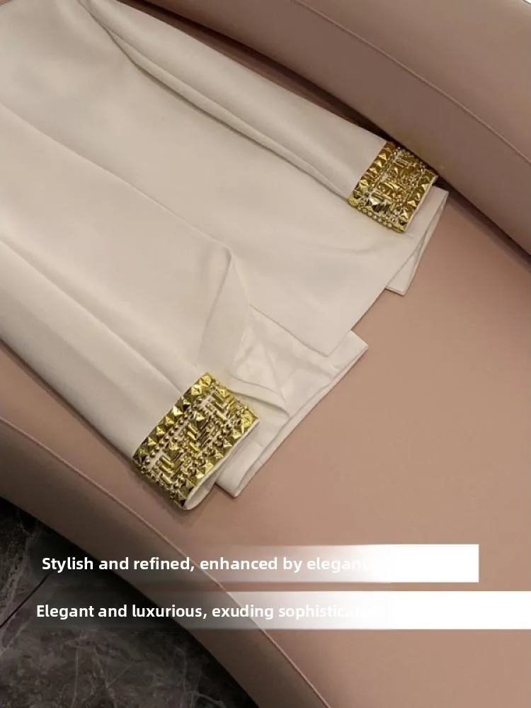Witte Manchet Zware Verfraaid Een Knop Midi Lengte Damespak Jaet Commute Sle Slim Fit Lange Sve Pure Kleur A833