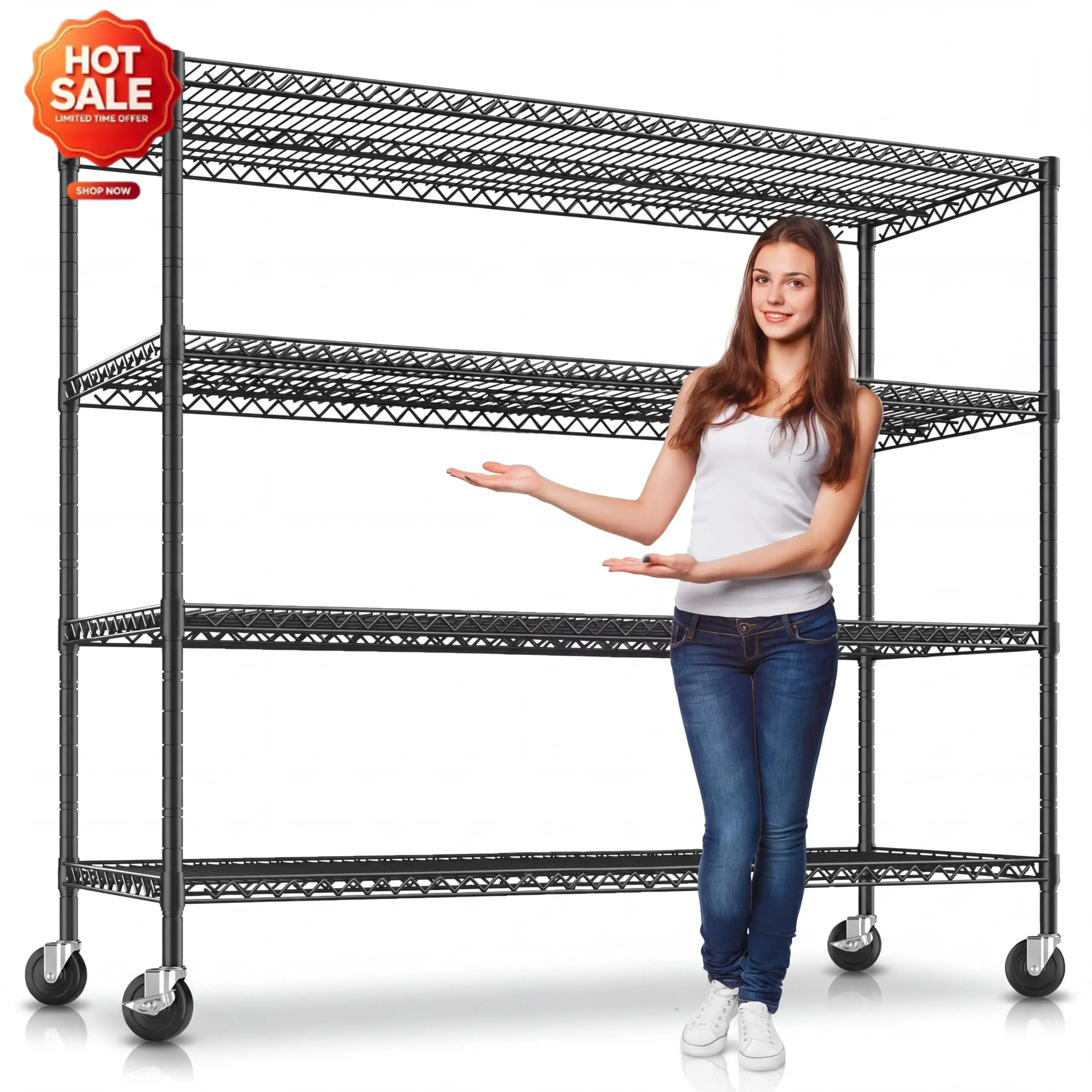 4-Tier Heavy Duty Wire Garage Shelving with Wheels, 2200 LBS Capacity, 24