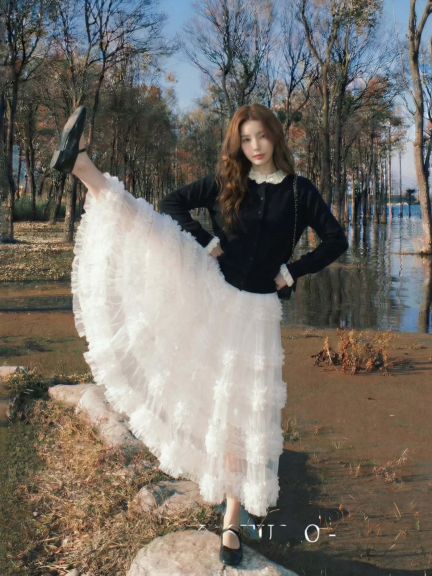 

Юбка-миди Mimi Xiao Cute Fairy T в нежно-коричневом цвете с кружевом, А-силуэт, длинная юбка для женщин, весна 2026