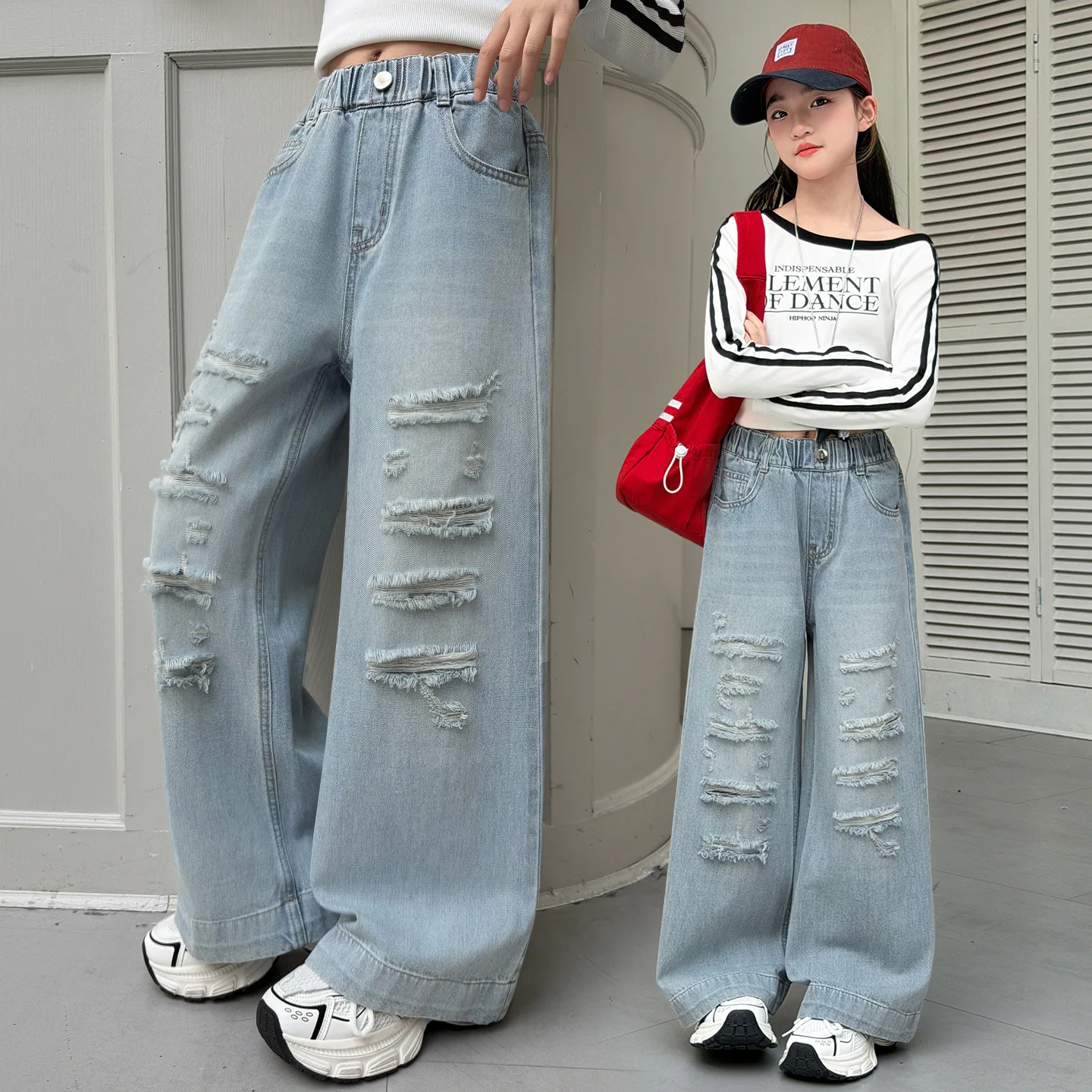 Hot Sale Girls Ripped Distressed Jeans Baggy Wide Leg Pants with Stretchy Waist Denim Pants for Kids Children Age 5-14Y
