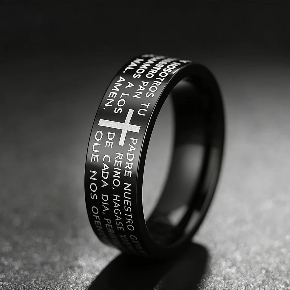 Bague en acier inoxydable noire avec croix crucifix hip-hop rock pour hommes et garçons, amulette biblique, bijoux de prière chrétienne, cadeaux