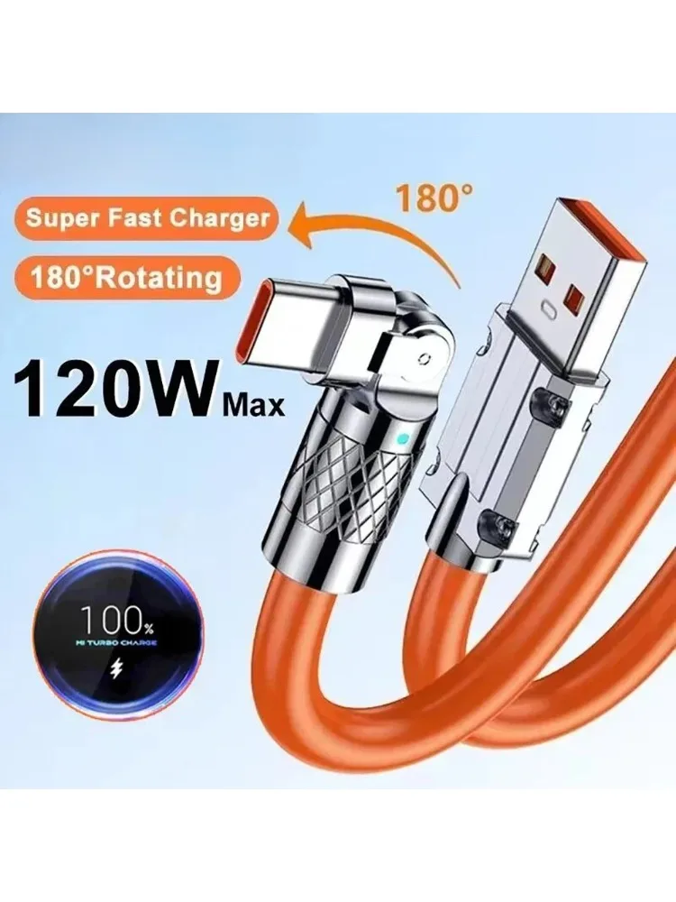 120W 6A 180-Grad-Drehung Winkel-USB-C-Kabel Schnelllade-Telefonladegerät Datenkabel für iPhone Samsung Xiaomi Schnellladekabel